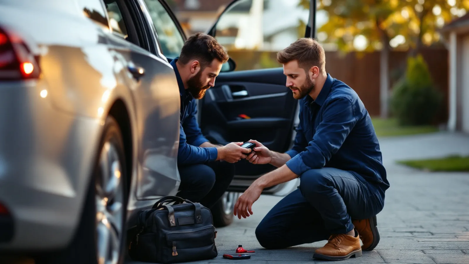 Locksmith technician working beside a vehicle in Keller, TX