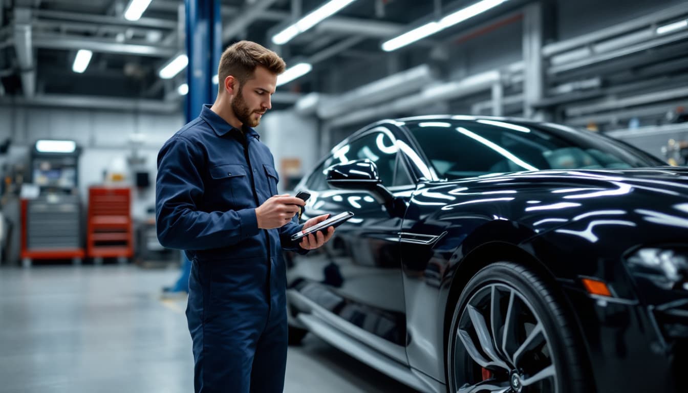 Technician programming an Acura smart key with a diagnostic device beside a sport sedan in Keller TX