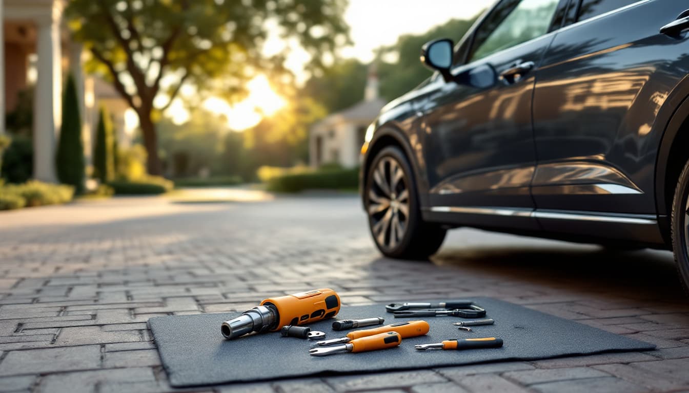Acura MDX SUV parked in a Southlake Texas driveway with locksmith tools laid out near the driver door