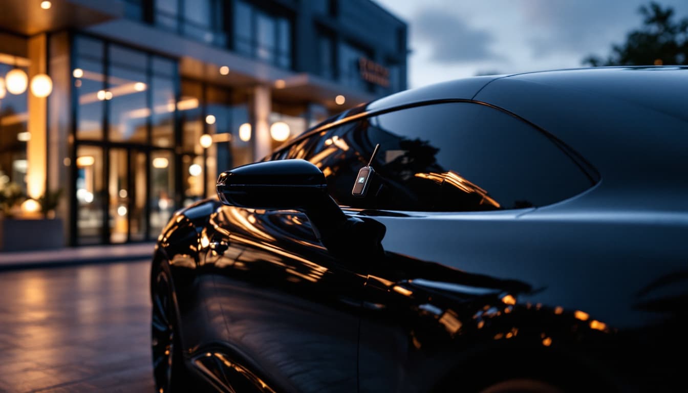 Black Cadillac compact sport sedan outside an upscale Southlake TX plaza at dusk with a key fob on the armrest