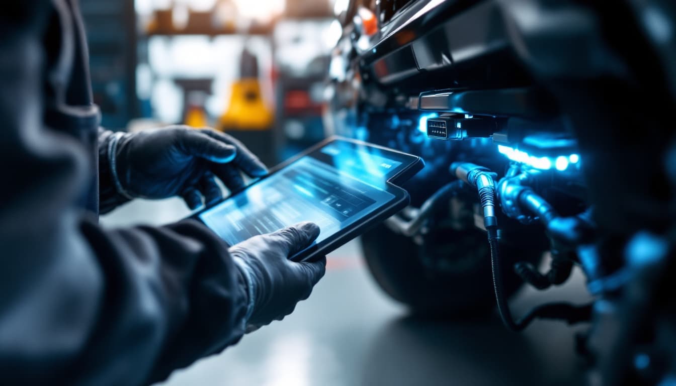 Technician plugging a diagnostic tablet into a car OBD-II port to program an engine control module in Keller TX