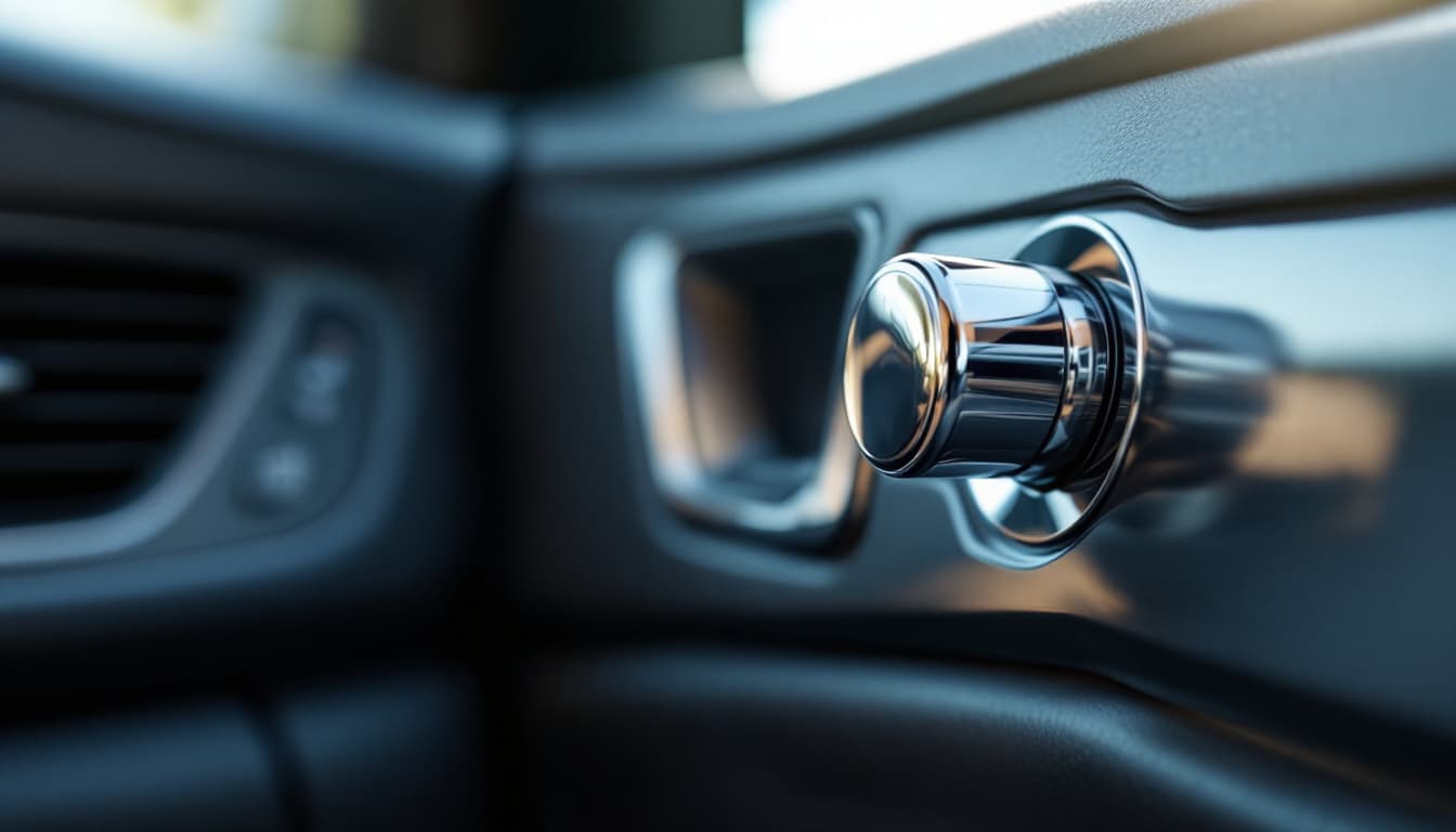 Close view of a car door lock knob mid-cycle with the door panel switch visible, in a Keller Texas driveway