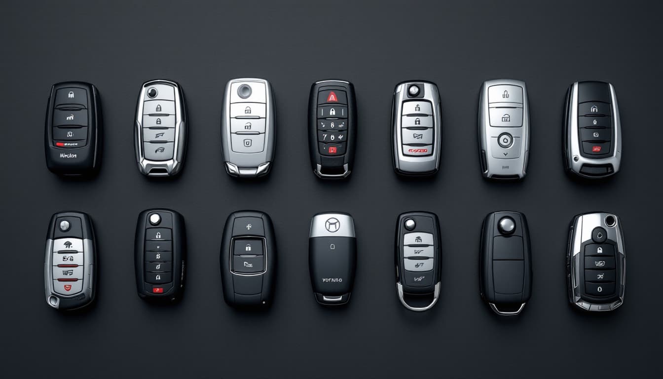 Assortment of modern car keys and smart fobs from several manufacturers laid out on a locksmith work surface