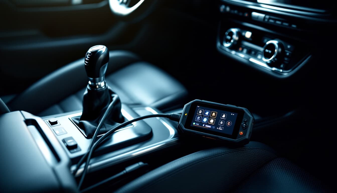 Automatic gear selector in the neutral position with a diagnostic scan tool connected under the dashboard of a vehicle