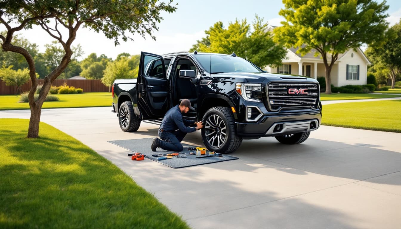 Full-size Chevrolet SUV parked in a North Texas driveway while a locksmith works at the driver door