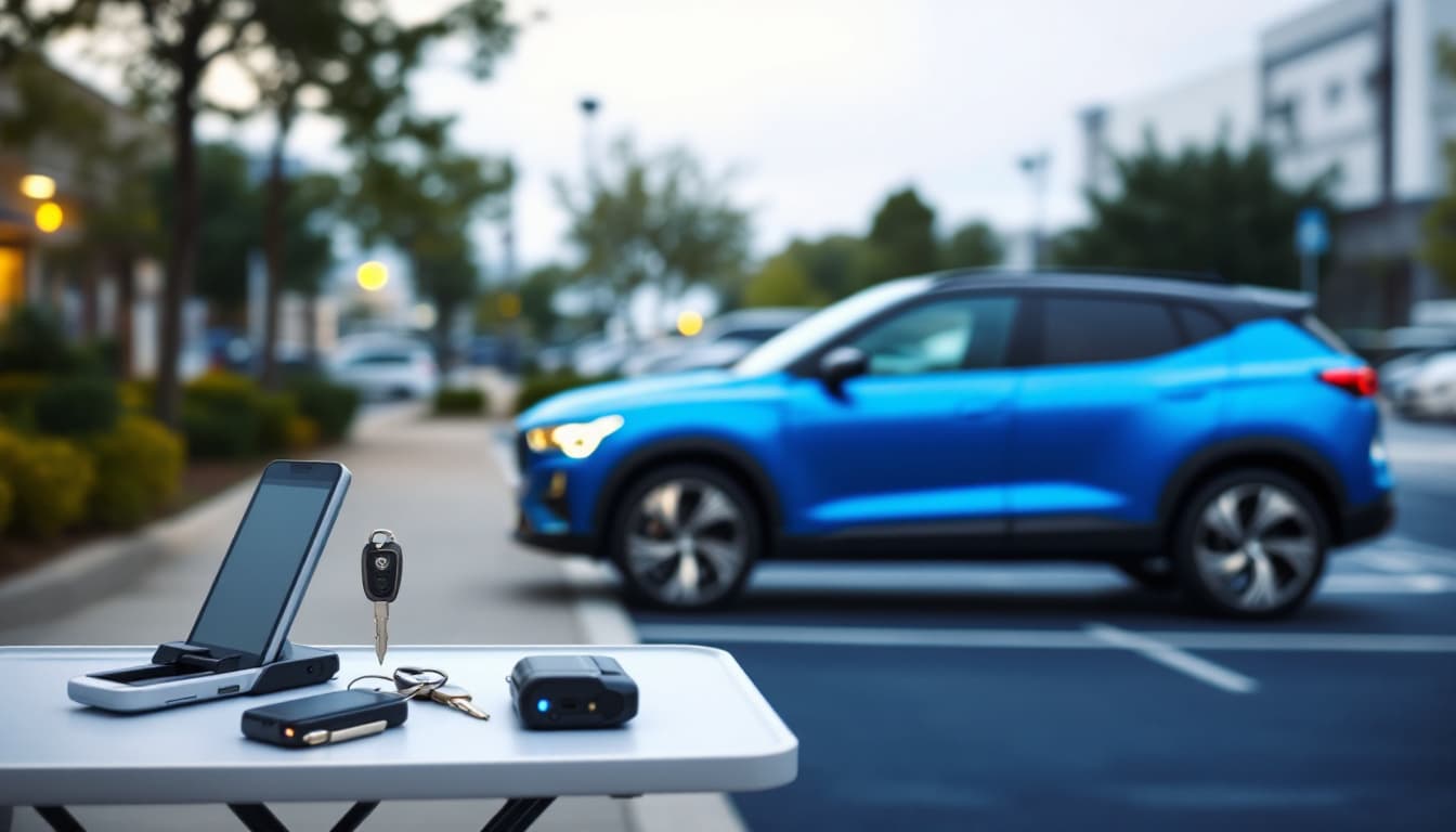 Chevrolet Trax compact SUV parked in a Coppell Texas shopping center lot with a key fob and cutting tool nearby