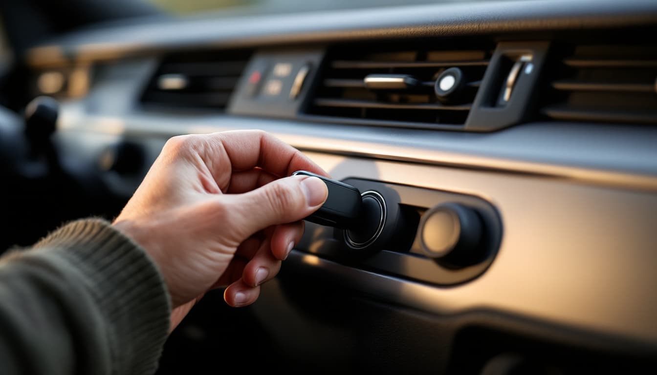 FOBIK push-in key fob near a Dodge or Jeep ignition slot, interior detail, Keller TX