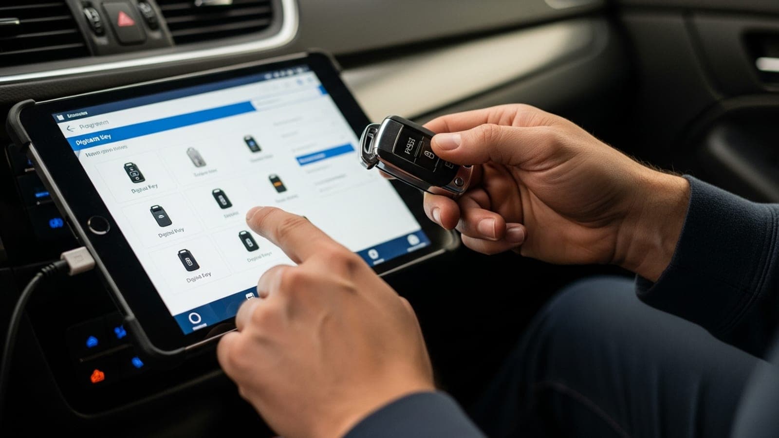 Automotive locksmith programming a key fob in Keller TX