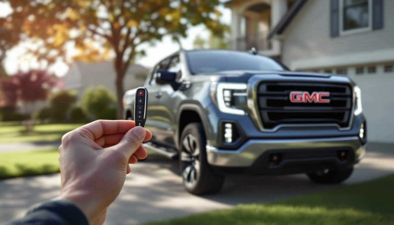 GMC Sierra pickup with a key fob held in front of the grille in Keller TX