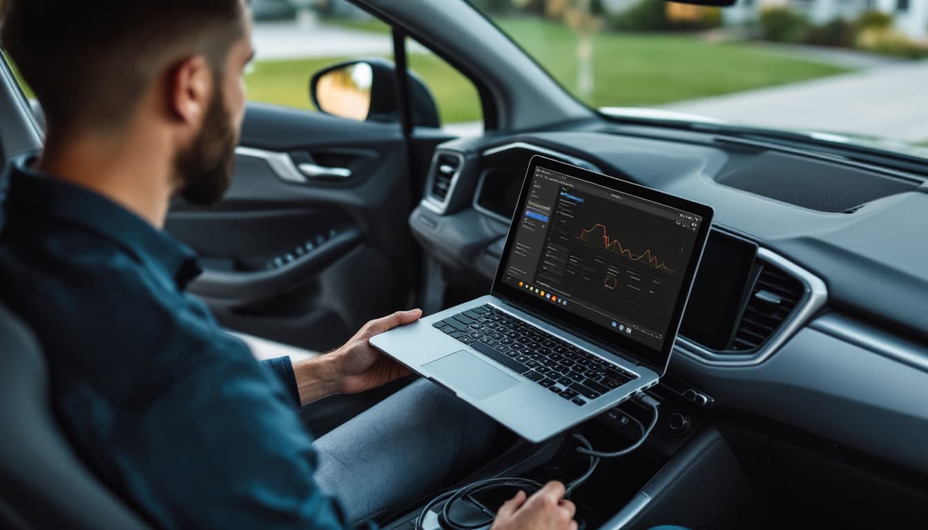 Diagnostic programming laptop connected to a GMC Terrain SUV in a Hurst Texas driveway