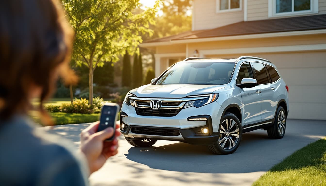 Honda Pilot SUV with a smart entry key fob held near the front door in Keller TX