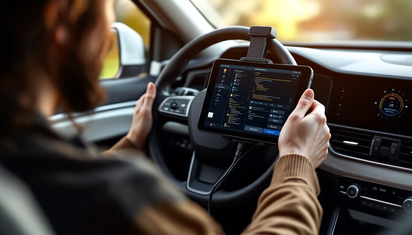 Diagnostic tablet connected to a Hyundai crossover dashboard during immobilizer module programming
