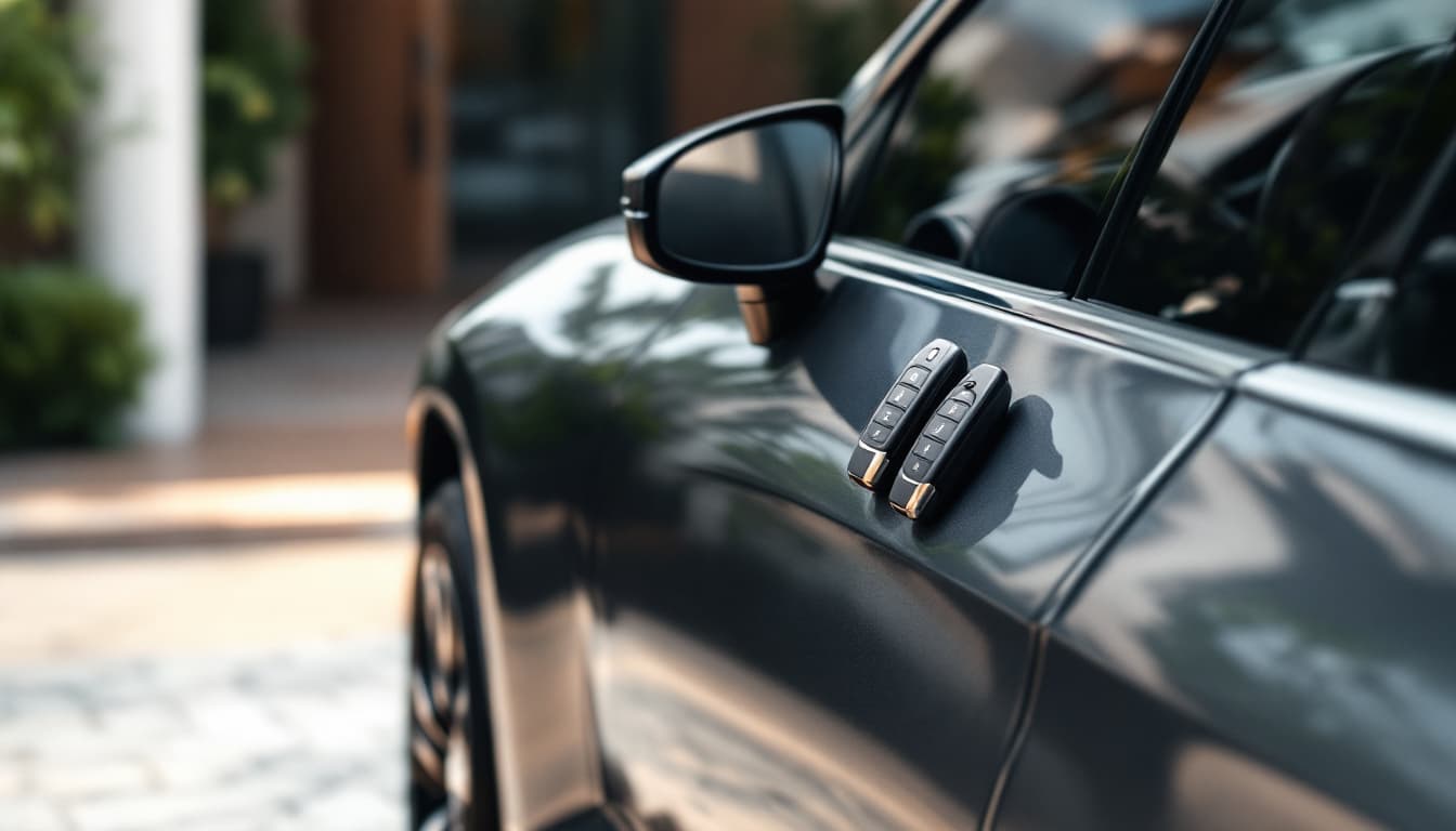 Infiniti QX50 crossover parked outside a home in Keller Texas with two intelligent key fobs on the armrest