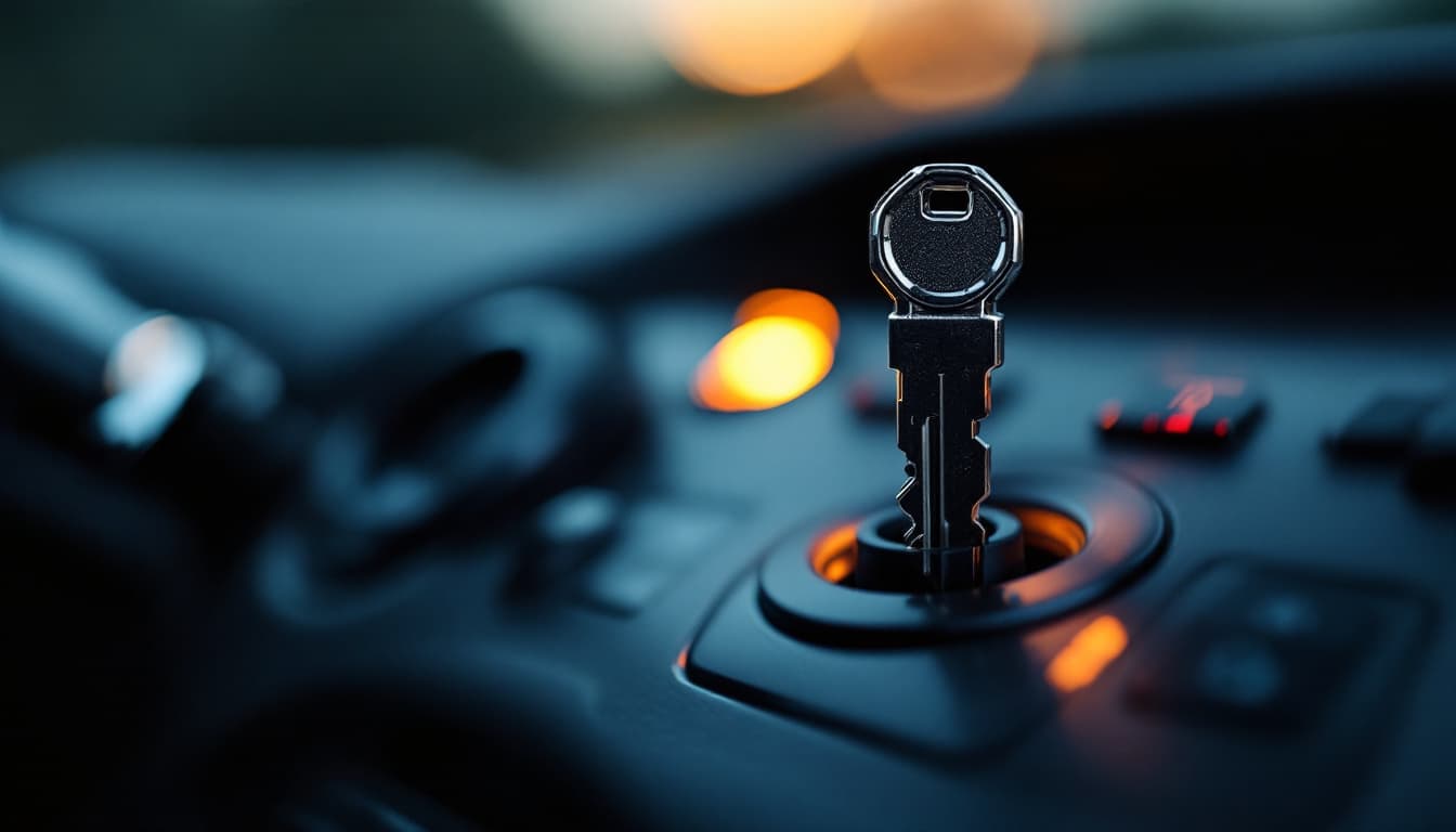 Close view of a car key partly withdrawn from an ignition cylinder with the dashboard illuminated behind it