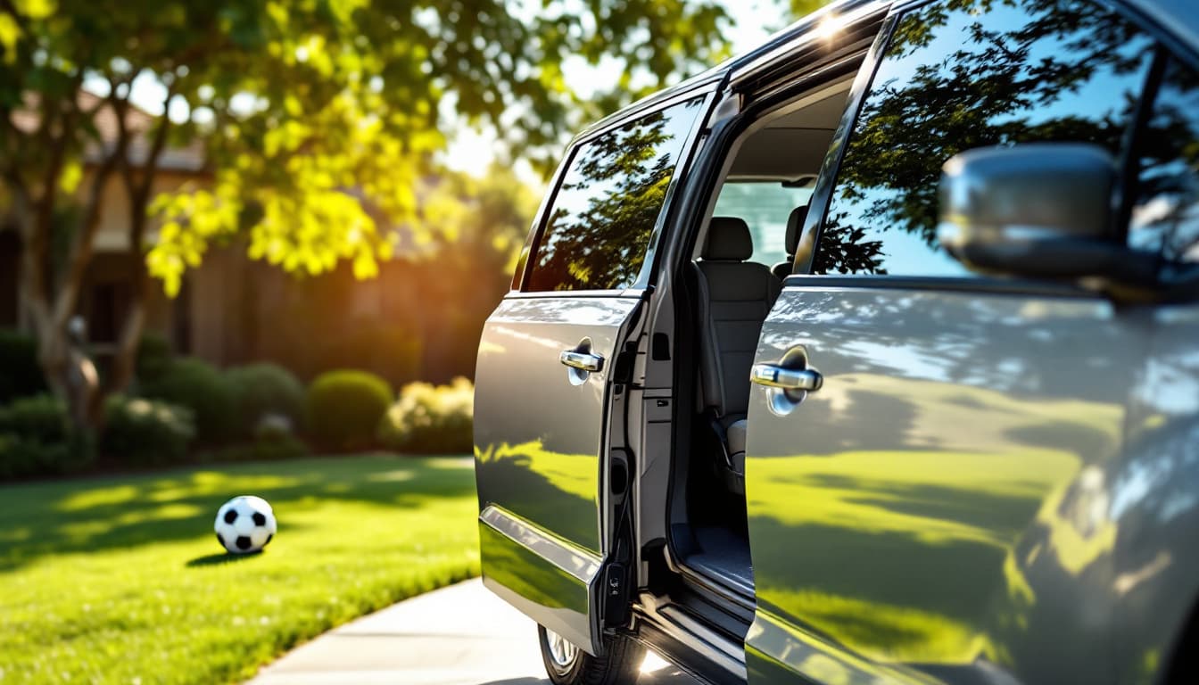 Kia Carnival minivan parked in a Euless Texas driveway with a smart key fob resting on the sliding door sill