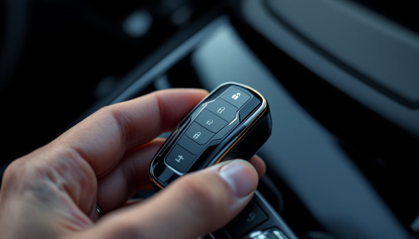 Lexus smart key fob held in hand in front of a luxury sedan dashboard in Keller TX