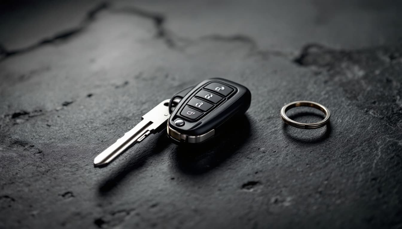 A Mazda CX-5 flip key and a proximity smart key fob side by side on a workbench in Keller Texas