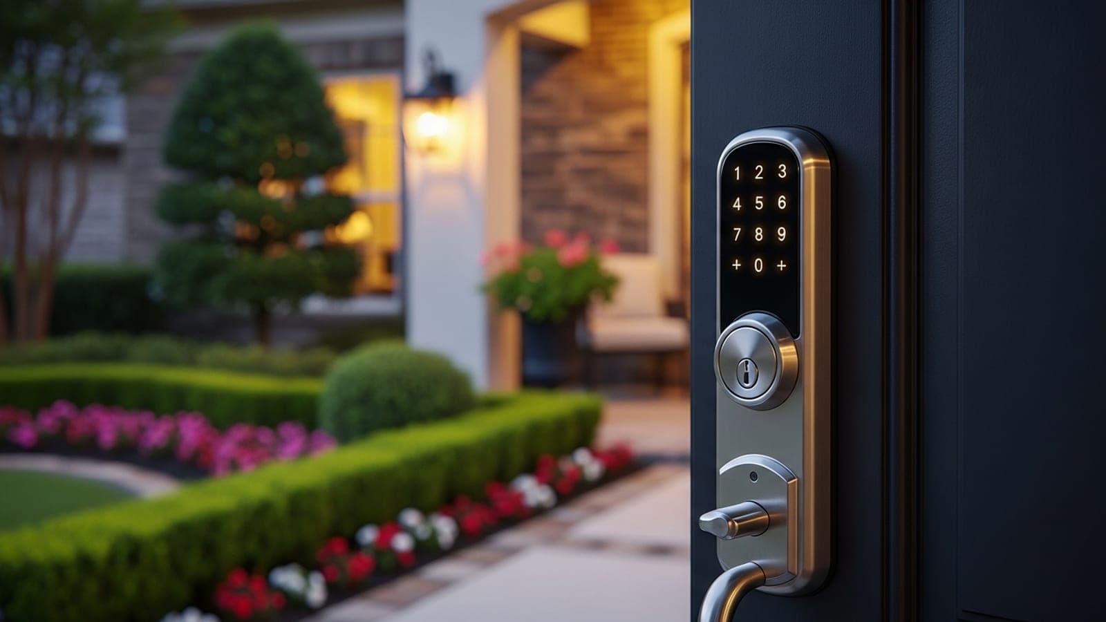 Keypad smart deadbolt installed on a modern front door at a Keller TX home