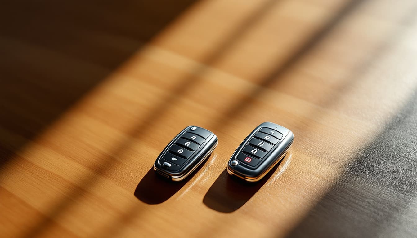 Two matching car key fobs side by side on a table, an original and a spare, in Keller TX