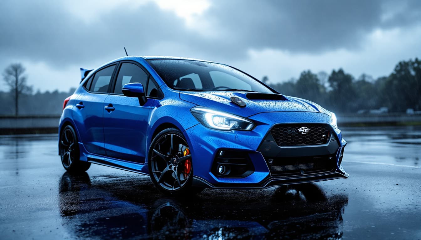 Blue Subaru performance hatchback on a wet asphalt lot with a black flip key fob resting on the front fender