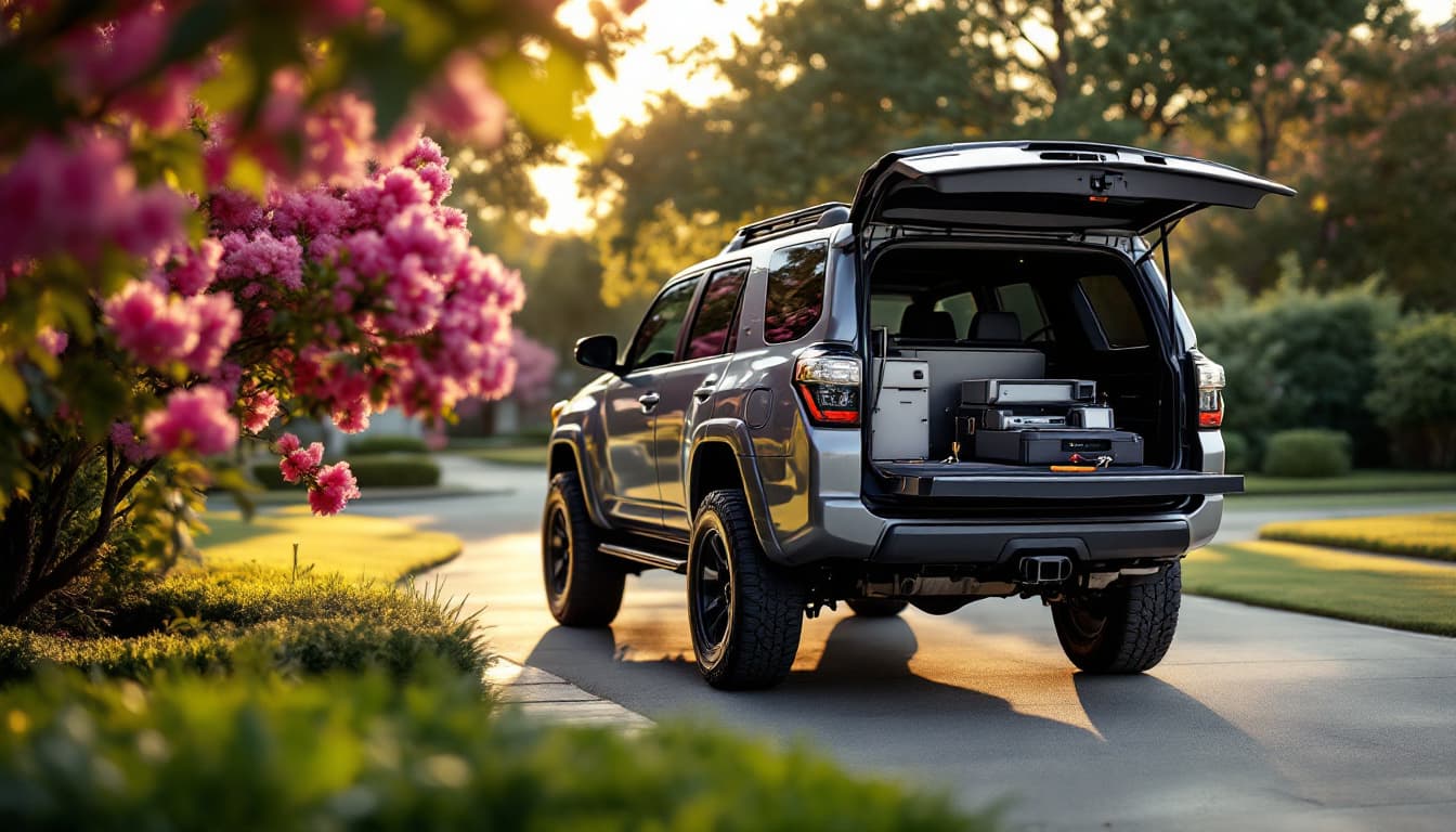 Toyota 4Runner SUV parked on a suburban driveway near Grapevine Texas with locksmith programming equipment on the tailgate