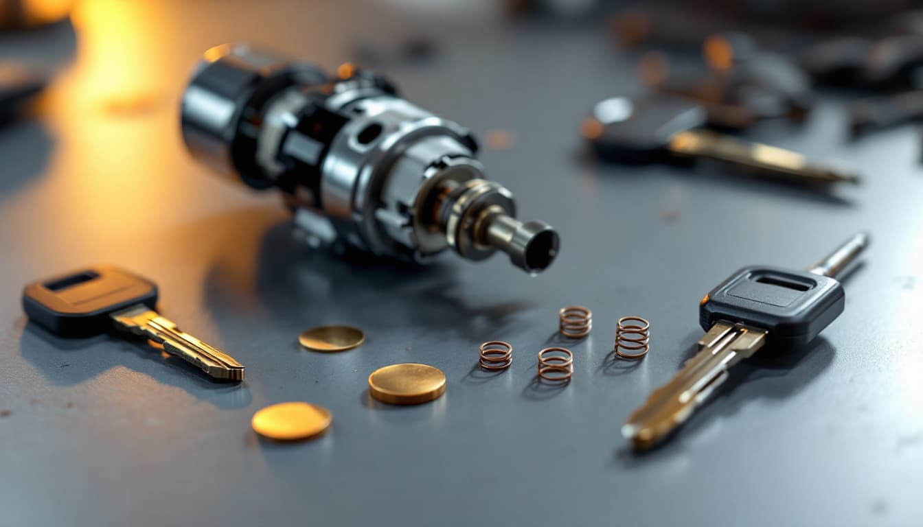 Ignition lock cylinder removed from a steering column on a workbench beside cut keys and locksmith tools in Keller Texas