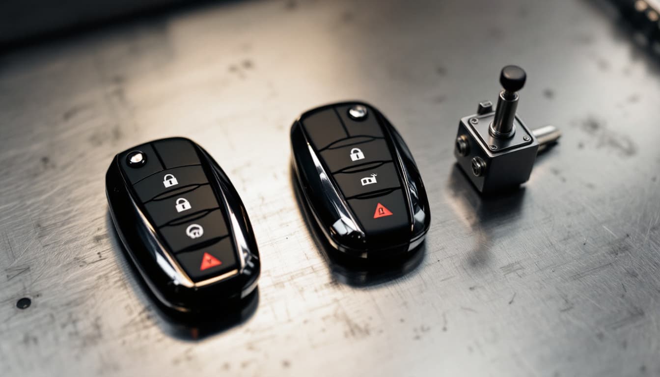 Two matching Toyota crossover smart key fobs on a workshop bench beside a key cutting machine