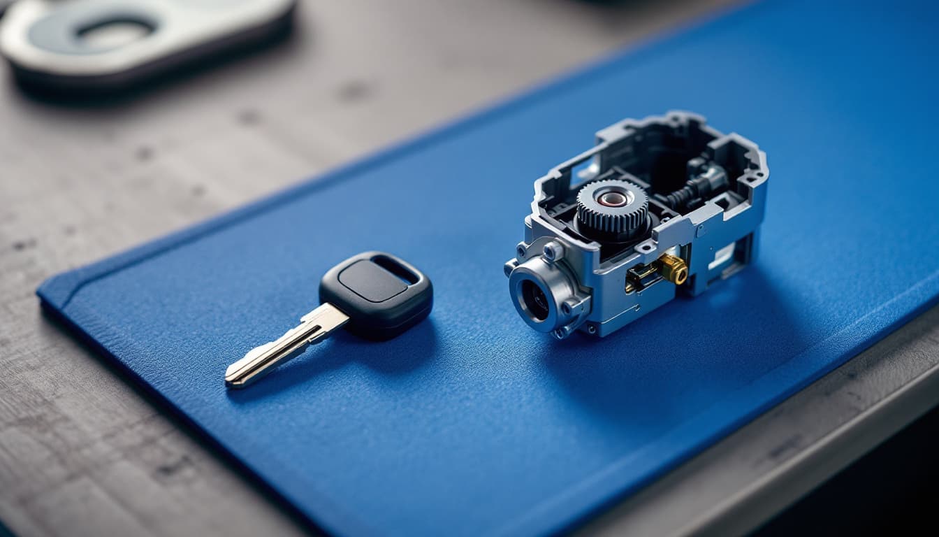 European compact car steering column with the ignition lock housing exposed on a locksmith work mat