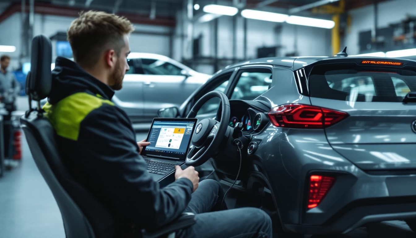 Technician using a key-programming laptop plugged into a Volkswagen dashboard in Keller TX