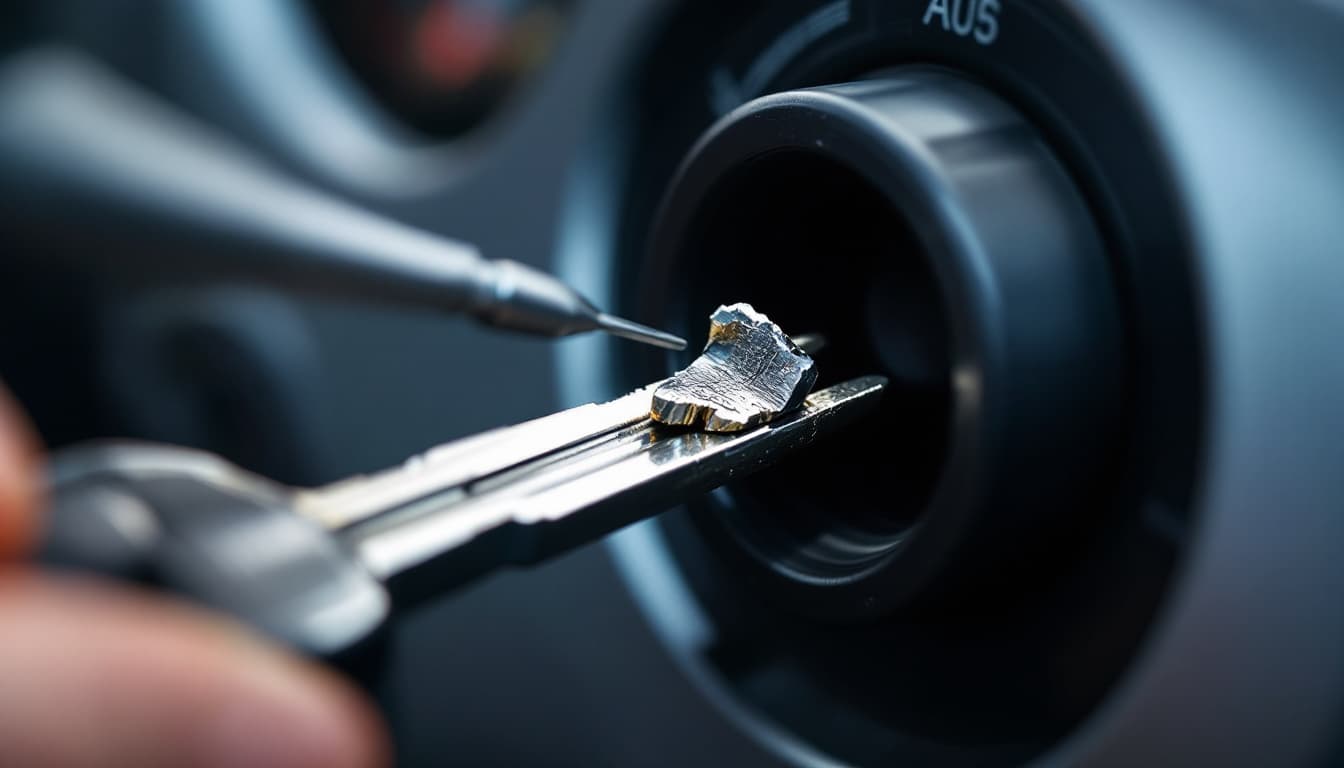 Locksmith carefully extracting a snapped key blade from a car ignition cylinder in Keller TX