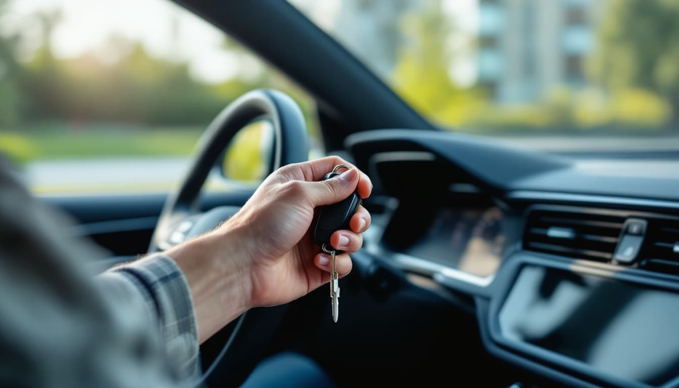 Driver hand on a key lodged in a car ignition switch during a locksmith service call in Keller TX