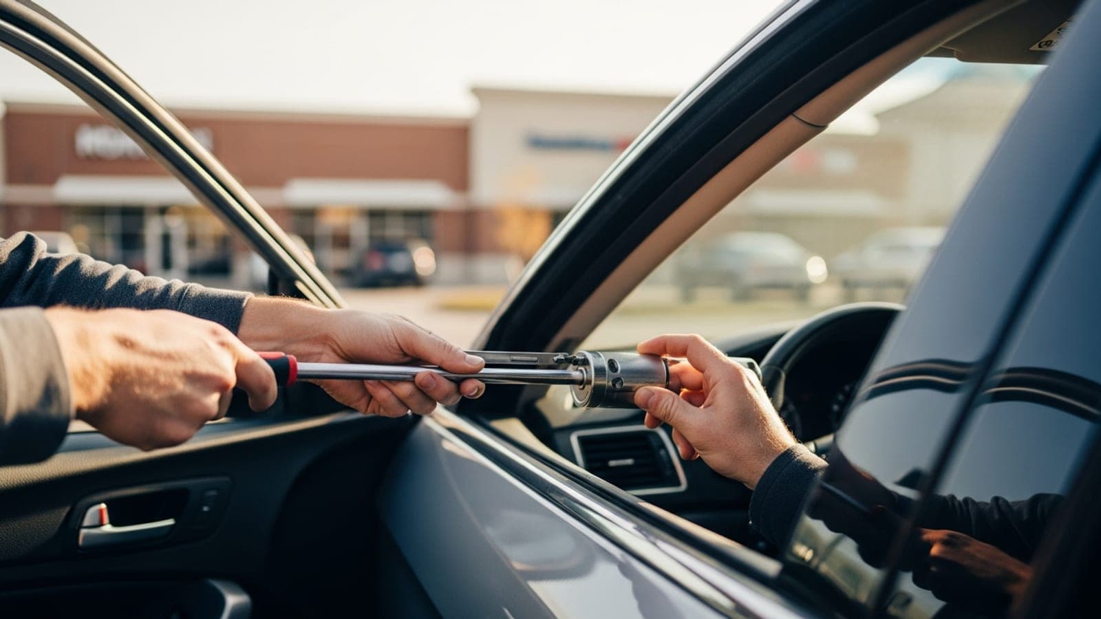 Professional locksmith assisting driver during car lockout in Keller TX