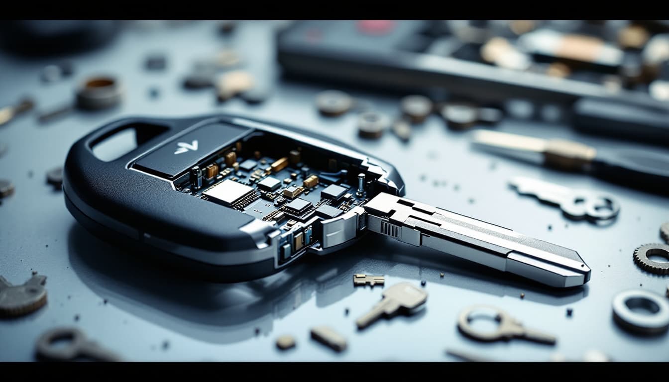 Cutaway view of a transponder chip inside a car key head on a locksmith bench in Keller TX
