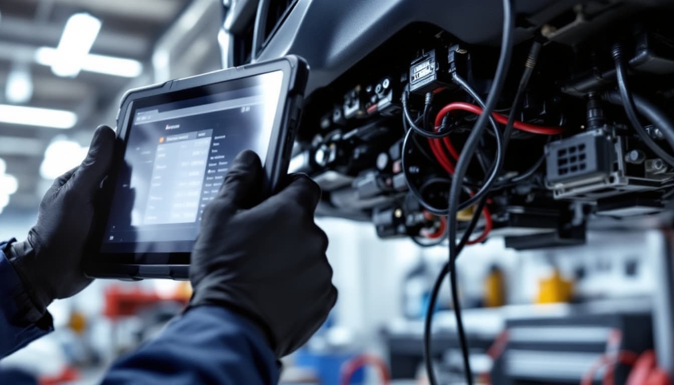 Technician connecting a diagnostic tablet to a Dodge OBD port for PCM programming in Keller TX