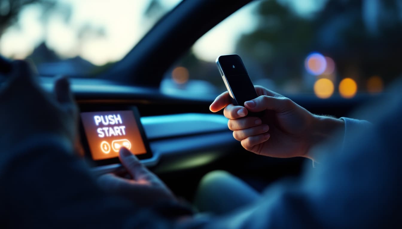 Driver holding a smart fob against a push-start button to start a car with a dead fob battery in Keller TX