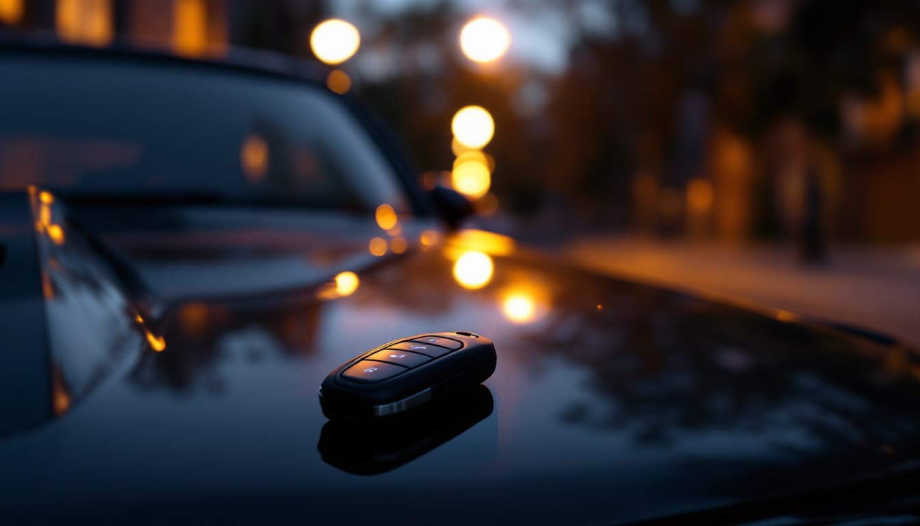 Modern Dodge muscle car parked on a Texas street at dusk with a proximity key fob resting on the hood