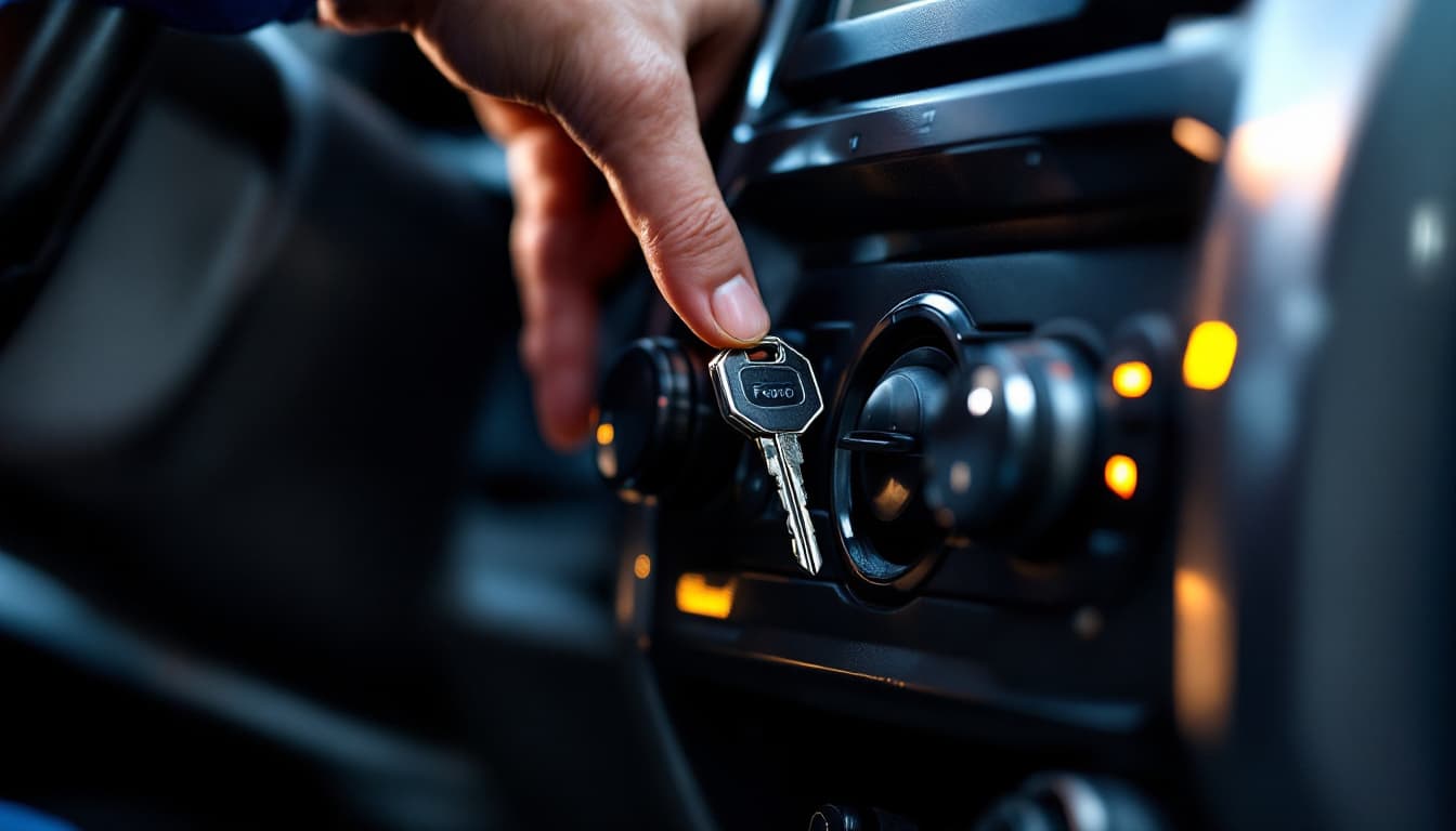 Ford F-150 steering column and ignition with a key inserted in Keller TX
