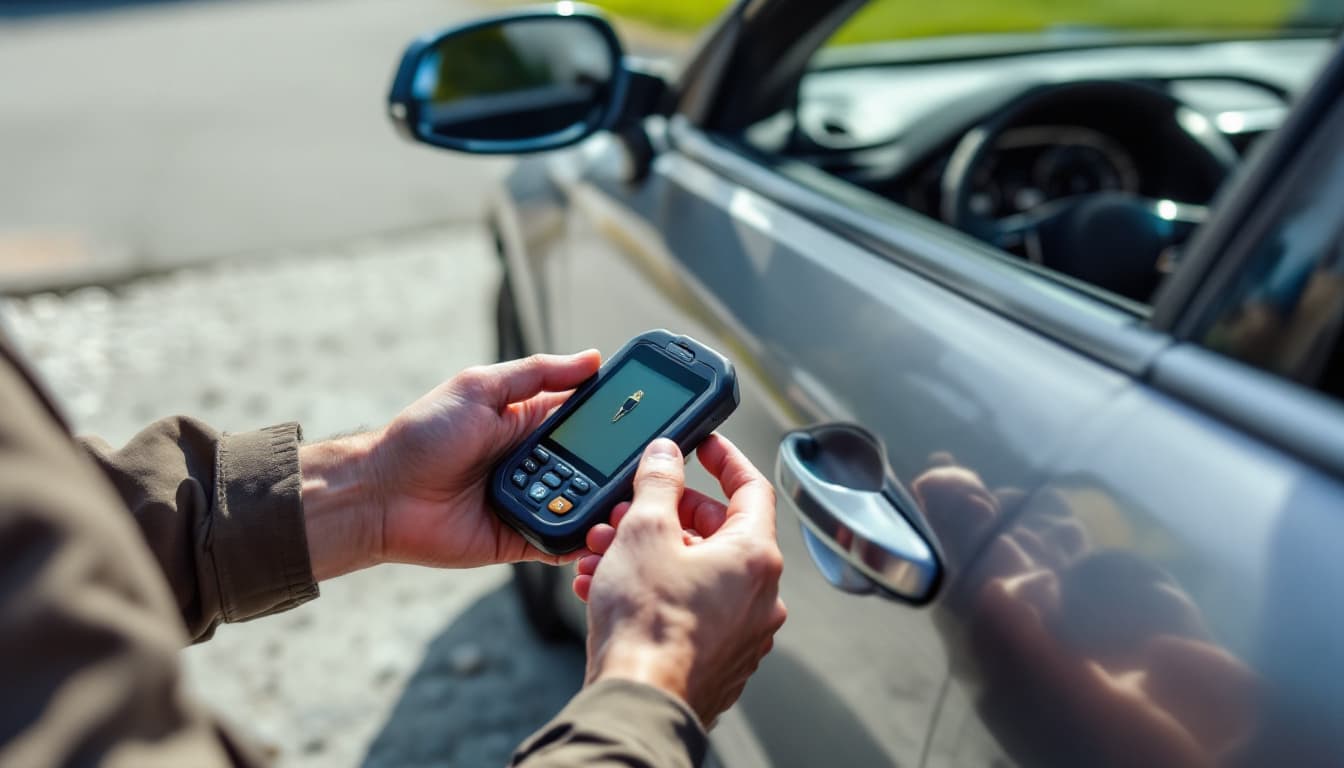 Locksmith programming a new car key with a handheld tool beside a vehicle in Keller TX