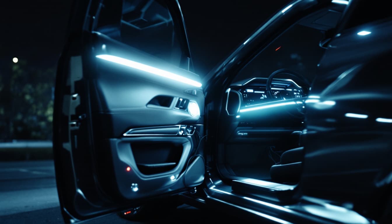 Large luxury SUV with the driver door open at night showing a body control module and wiring on the kick panel