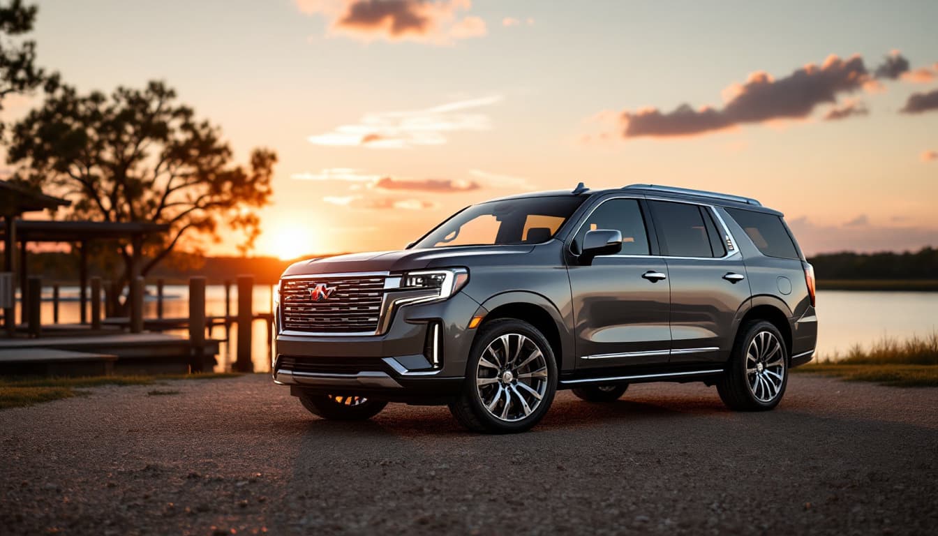 Large premium American SUV parked outside a Grapevine TX lakeside marina at sunset with a key fob on the running board