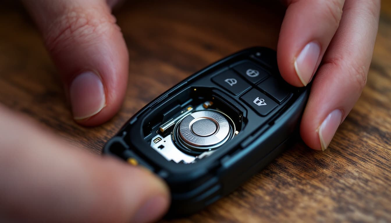 Close-up of a car key fob opened for a coin-cell battery replacement in Keller TX