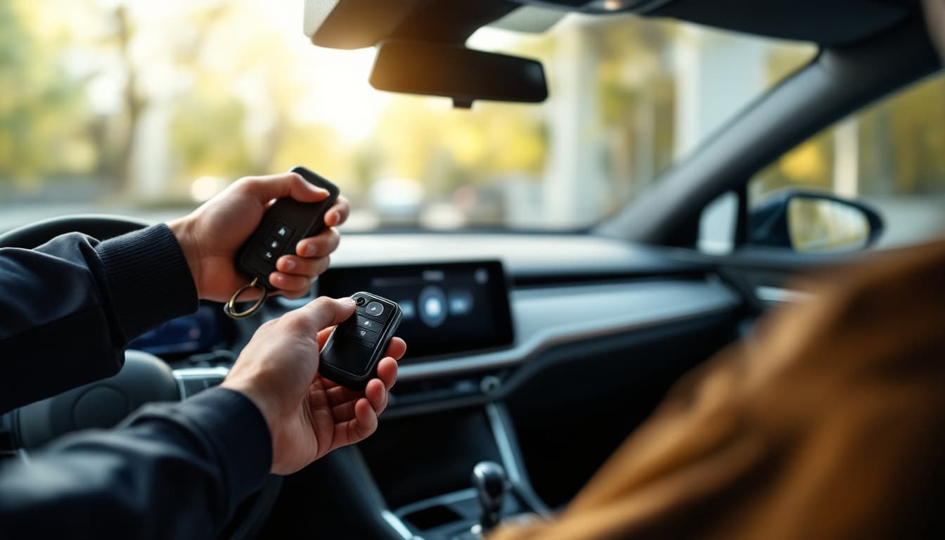 Automotive locksmith holding a programming tool connected to a car dashboard with a key fob in hand