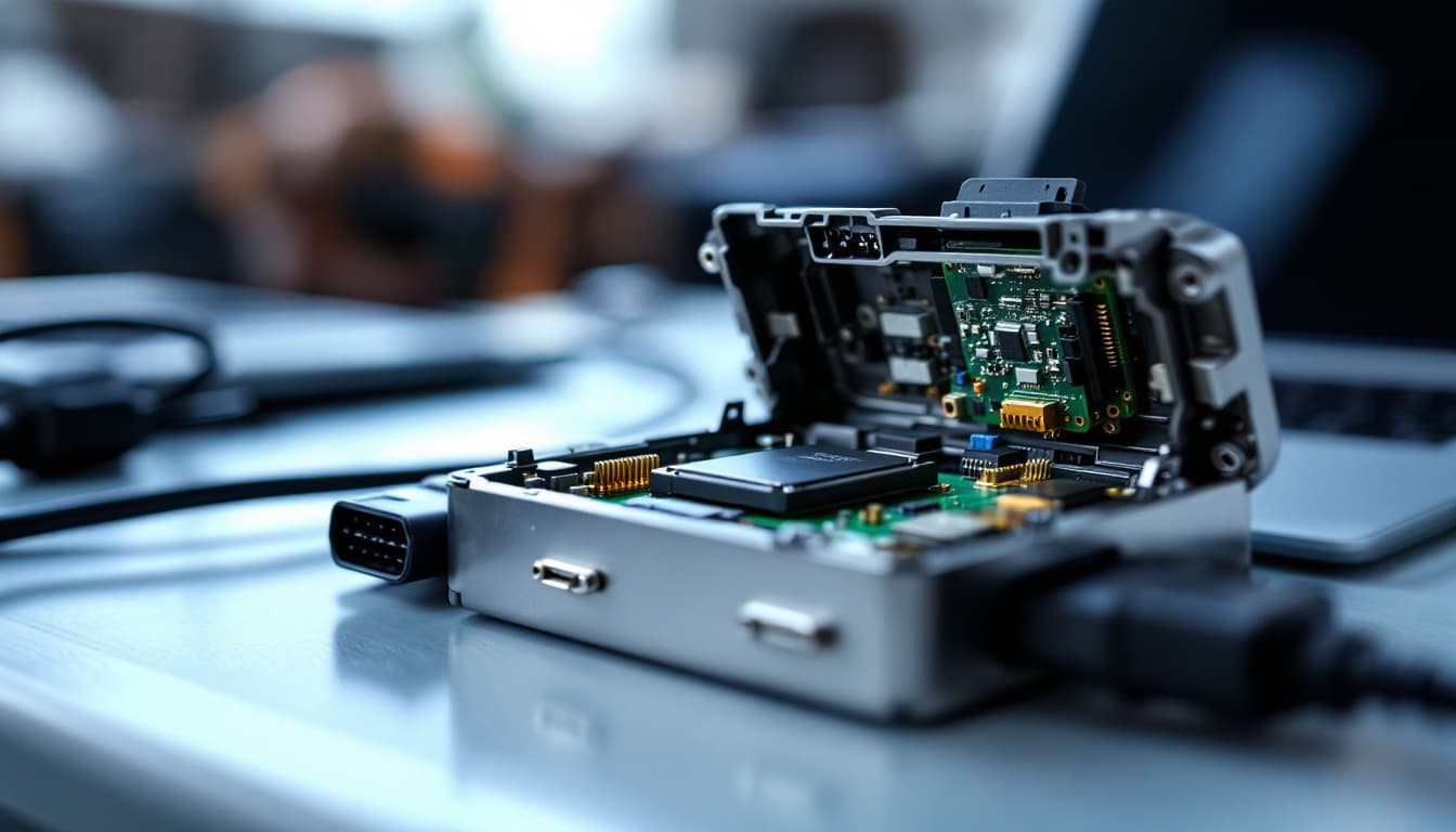 Automotive control module circuit board on a workbench beside diagnostic programming equipment in Keller Texas