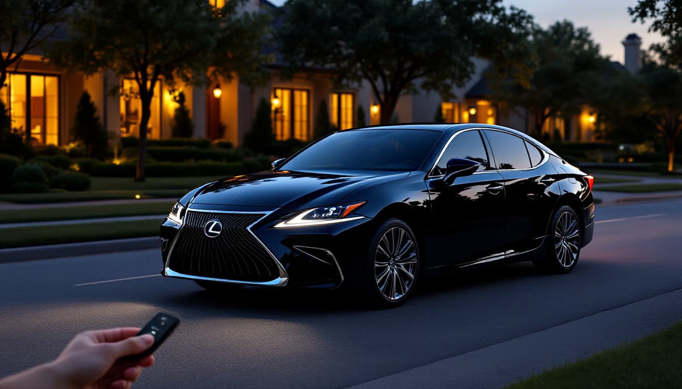 Lexus ES sedan with a smart key fob held near the door handle in Southlake TX