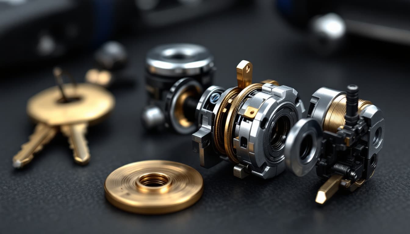 Disassembled automotive ignition lock cylinder with brass wafers and a worn key on a technician mat