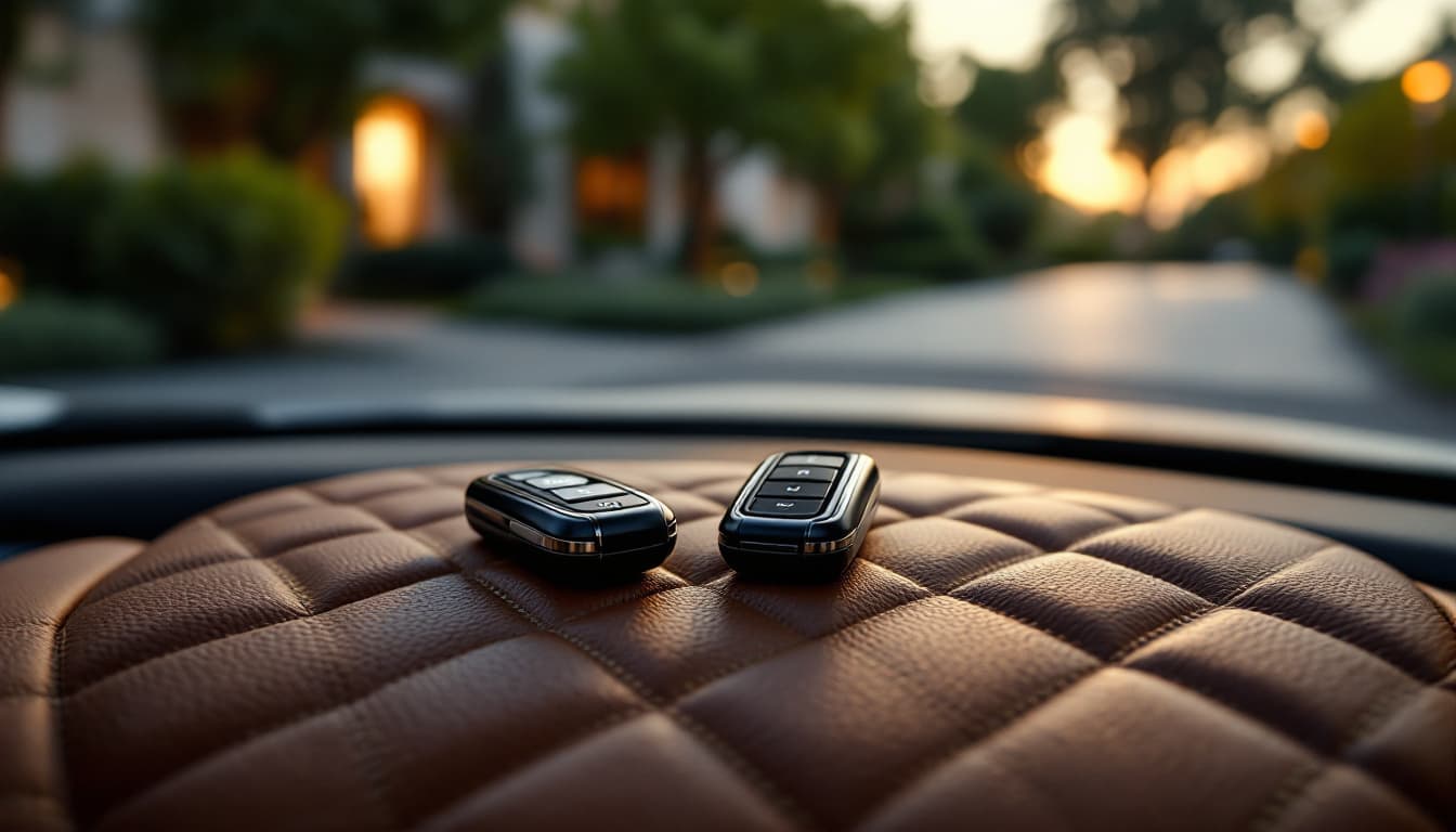 Two Lexus smart key fobs on a leather center console of a luxury SUV parked in a Southlake Texas driveway at dusk