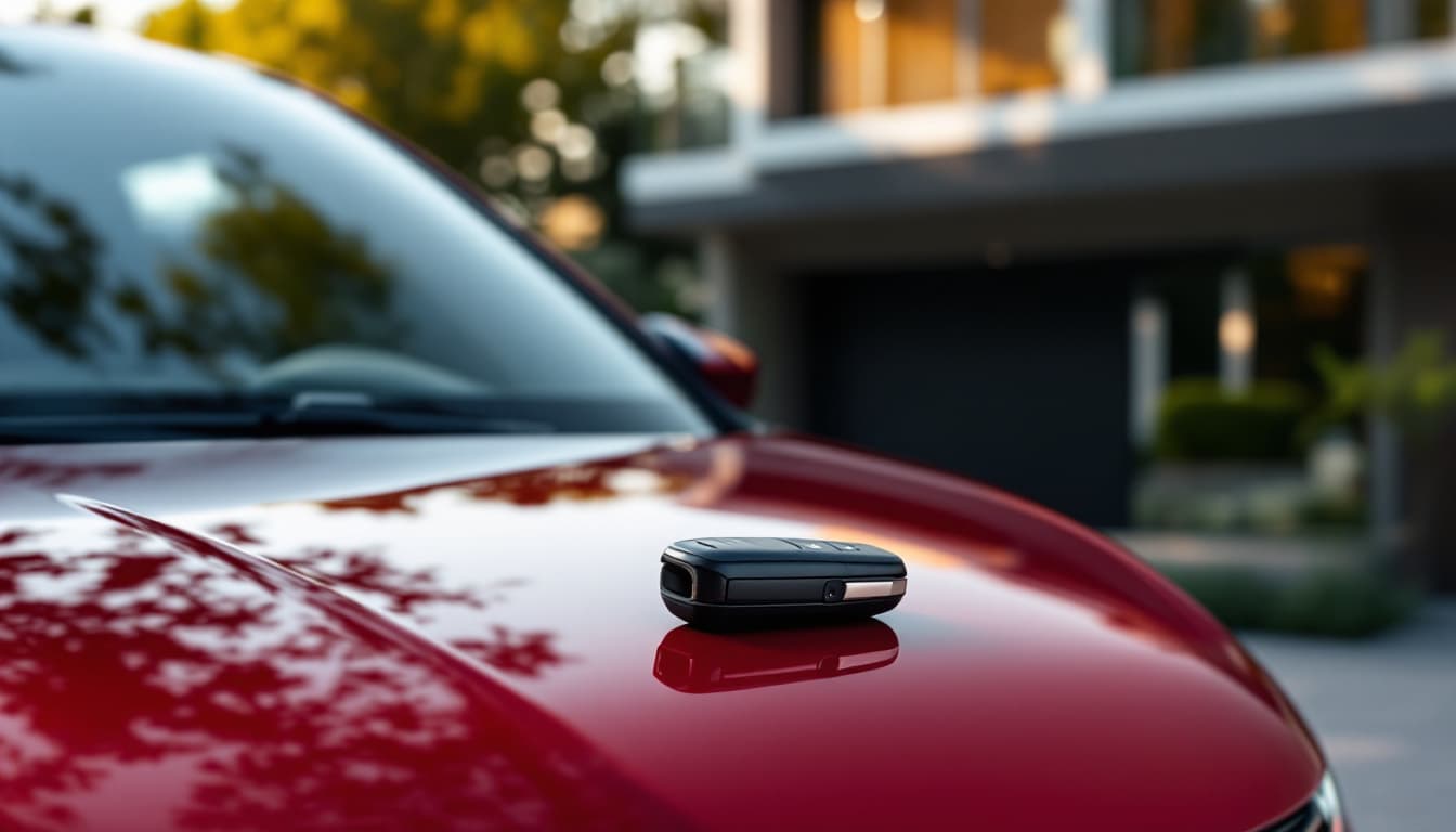 Mazda CX-90 three-row SUV parked outside a home in Keller Texas with a smart key fob on the seat