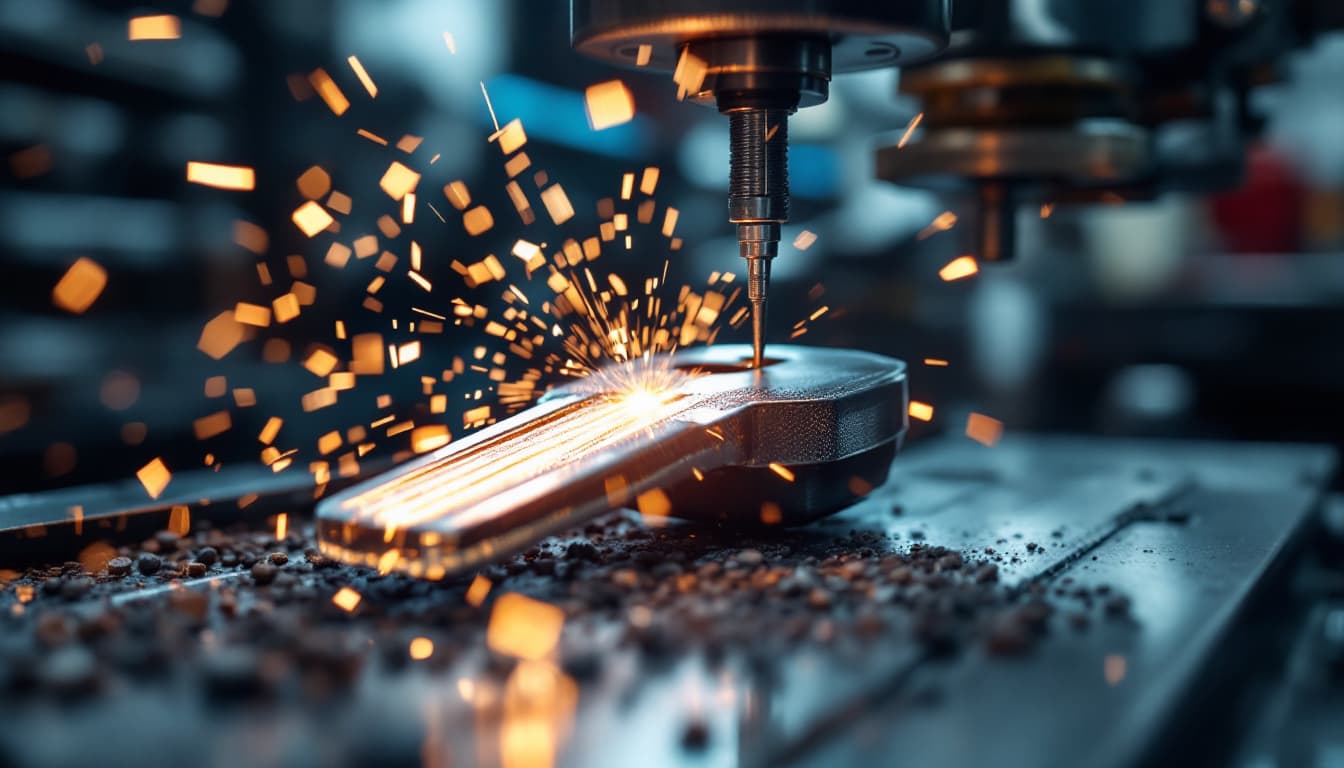 Key duplication machine cutting a blank automotive key blade with fine metal shavings in a workshop