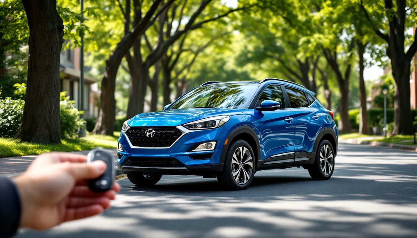 Compact blue Nissan crossover on a tree-lined Colleyville TX street with a remote key fob held in the foreground