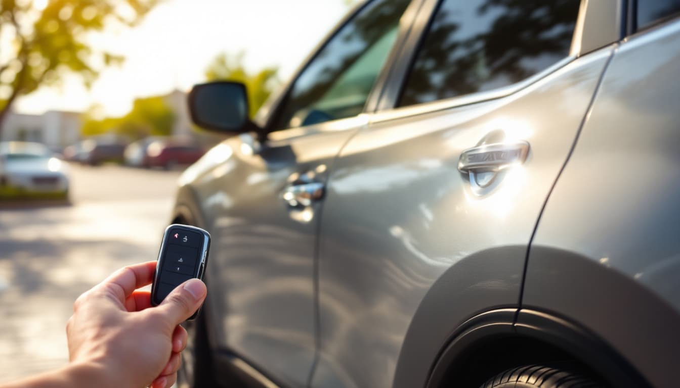 Nissan Rogue crossover with an Intelligent Key fob held near the door handle in Keller TX